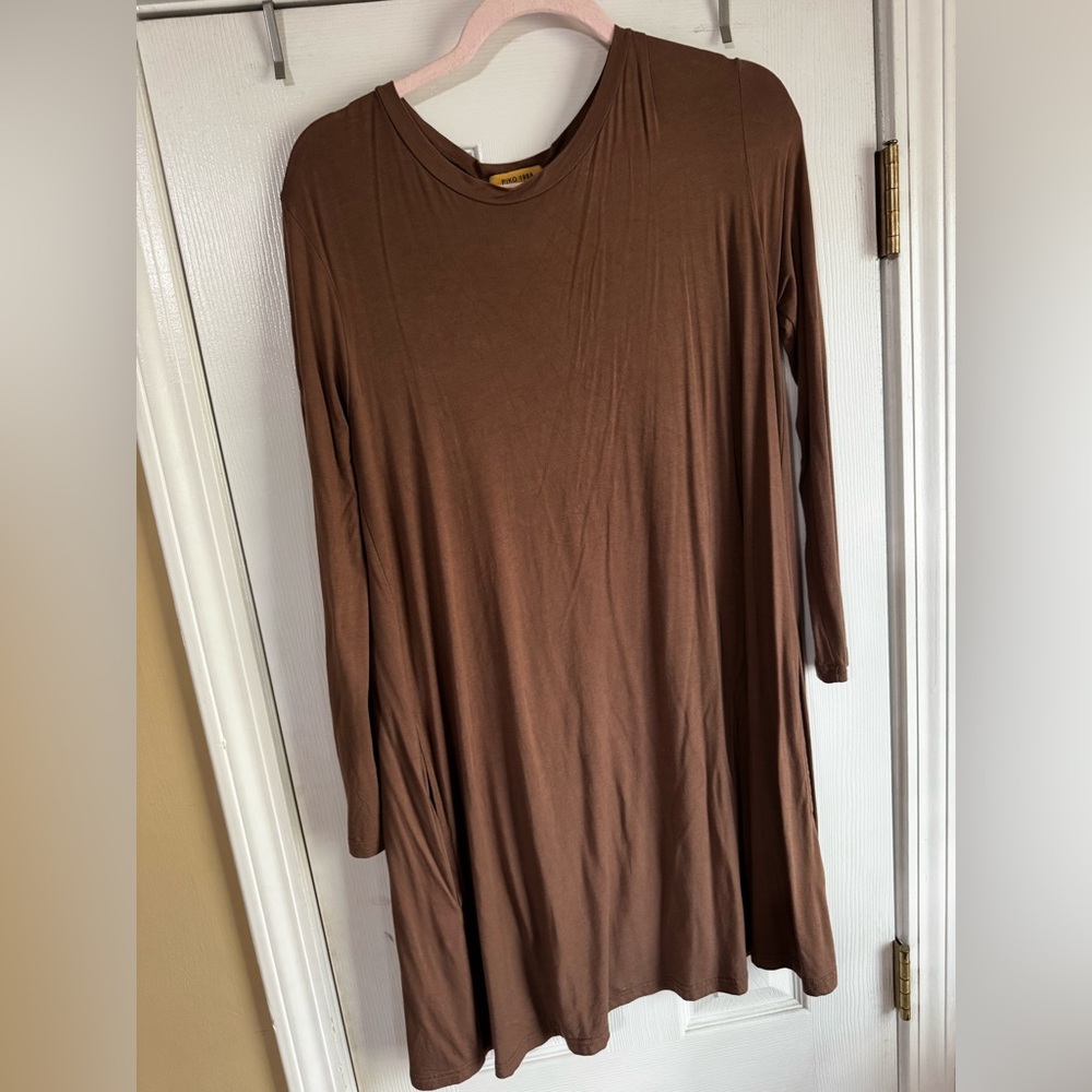 Piko Brown Long Sleeve Swing Dress
